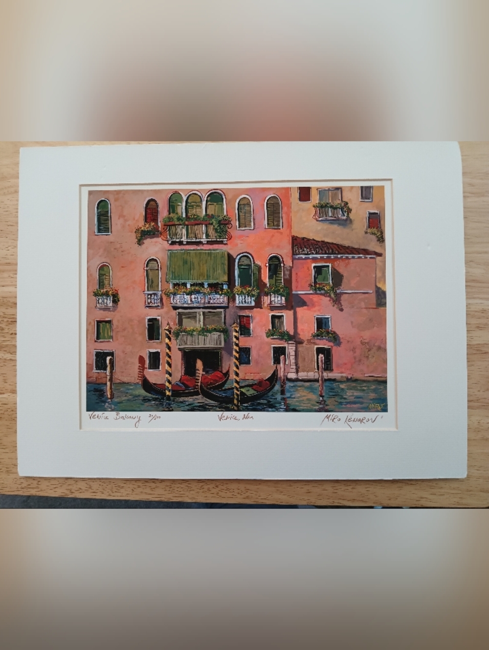 Miro Kenarov Venice Balcony Art Print - Pink & Green Canal Scene